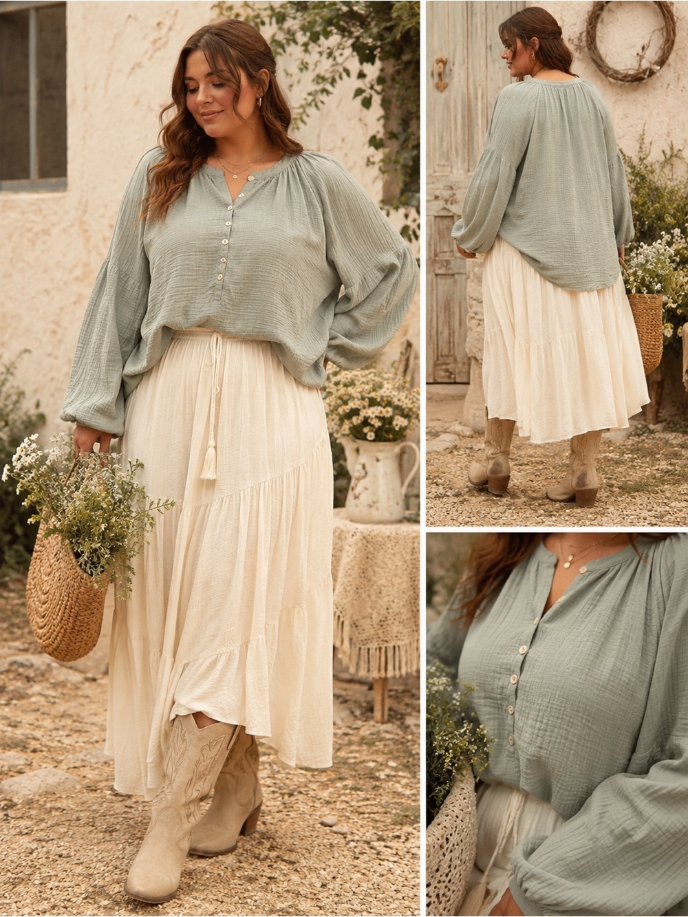 H&M Sage Green 100% Cotton Gauze Oversized Peasant Blouse XL Boho - Picture 11 of 11